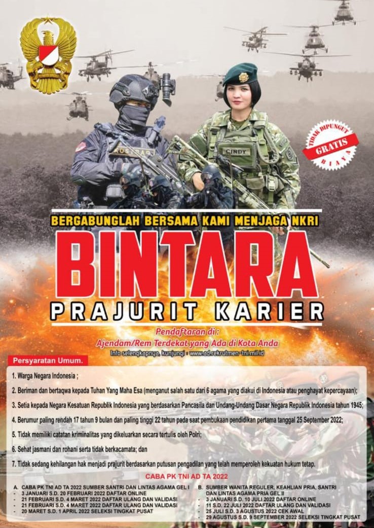 Ayo Segera Daftar menjadi BINTARA Prajurit Karier, Gratis!