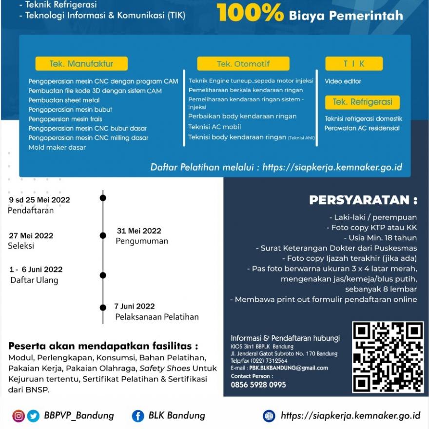 Yuk Segera Daftar Pelatihan Kerja dan Sertifikasi BBPVP Bandung tahun 2022 
